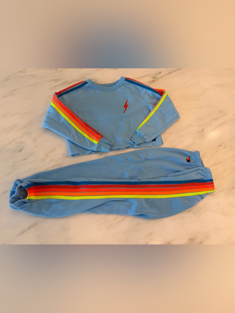 Aviator Nation bolt cropped crew sweatshirt sweatpants jogger XS blue neon